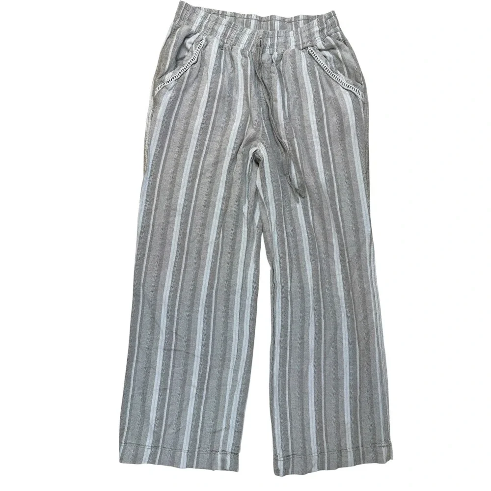 Coastal Striped Wide Leg Linen Blend Pants Crochet Trim M Briggs